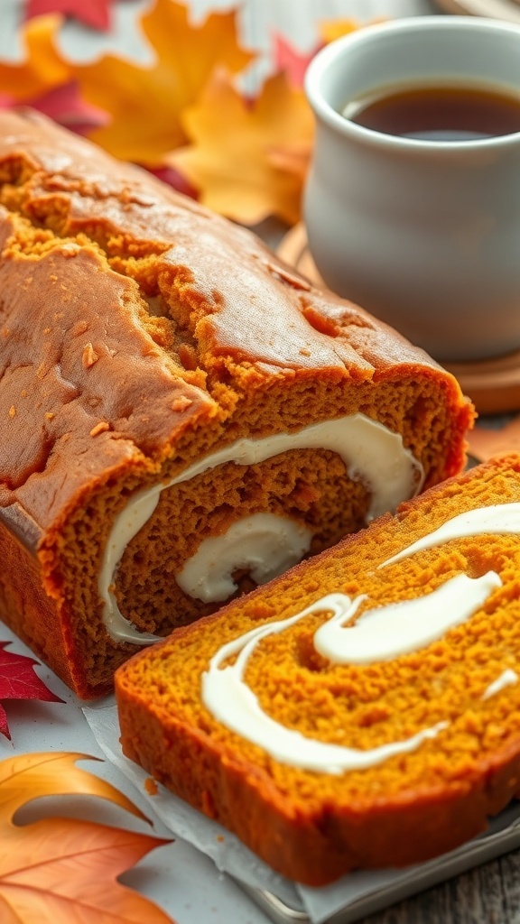 Pumpkin Bread with Cream Cheese Swirl Recipe A loaf of pumpkin bread with cream cheese swirl, sliced to show the filling, surrounded by autumn leaves and coffee.
